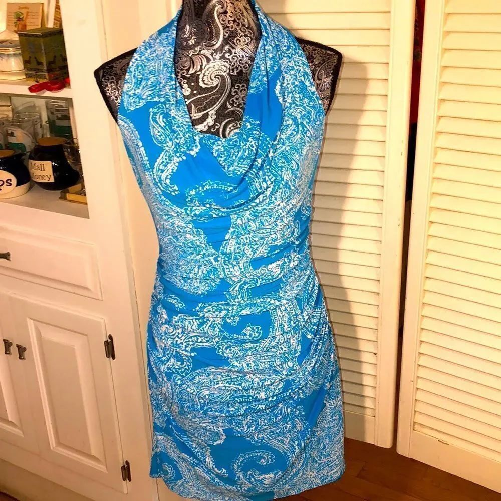 Ralphย Lauren Turquoise RuchedโHalterโDress.โWrinkleโresistant.โCottonโPolyโ4